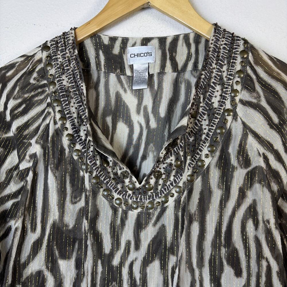 Chico's Animal Print Tunic Large silk brown gold bohemian beaded festival party - Picture 8 of 16